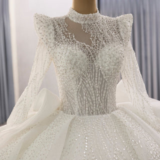 Luxury Modest High Neck Ball Gown Wedding Dress with Long Sleeve - Rosymae