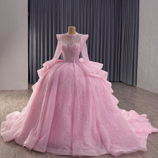 Luxury Modest High Neck Ball Gown Wedding Dress with Long Sleeve - Rosymae