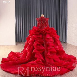 Luxury Modest High Neck Ball Gown Wedding Dress with Long Sleeve - Rosymae