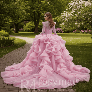 Luxury Modest High Neck Ball Gown Wedding Dress with Long Sleeve - Rosymae
