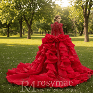 Luxury Modest High Neck Ball Gown Wedding Dress with Long Sleeve - Rosymae