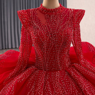Luxury Modest High Neck Ball Gown Wedding Dress with Long Sleeve - Rosymae
