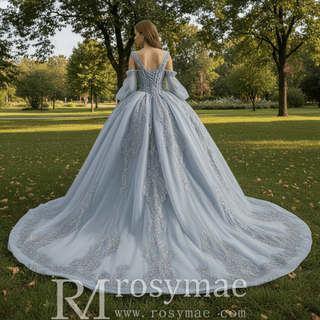 Luxury Off Shoulder Basque Waist Quinceanera Dress with Long Sleeve - Rosymae
