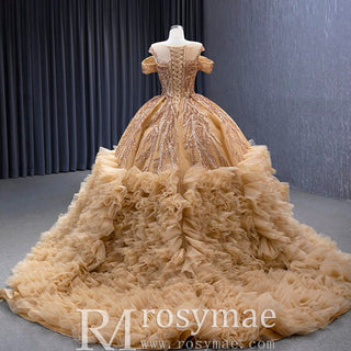 Luxury Off Shoulder Puffy Ball Gown Quinceanera Dress with Beaded Pearls - Rosymae