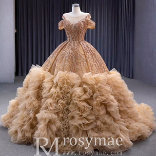Luxury Off Shoulder Puffy Ball Gown Quinceanera Dress with Beaded Pearls - Rosymae
