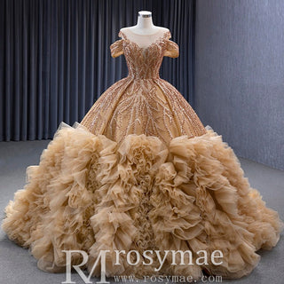 Luxury Off Shoulder Puffy Ball Gown Quinceanera Dress with Beaded Pearls - Rosymae