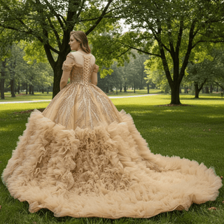 Luxury Off Shoulder Puffy Ball Gown Quinceanera Dress with Beaded Pearls - Rosymae