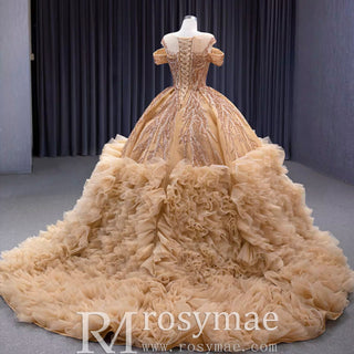 Luxury Off Shoulder Puffy Ball Gown Quinceanera Dress with Beaded Pearls - Rosymae