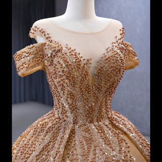 Luxury Off Shoulder Puffy Ball Gown Quinceanera Dress with Beaded Pearls - Rosymae