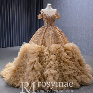 Luxury Off Shoulder Puffy Ball Gown Quinceanera Dress with Beaded Pearls - Rosymae