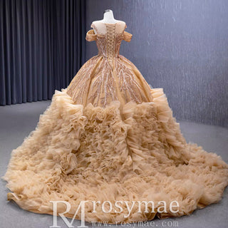 Luxury Off Shoulder Puffy Ball Gown Quinceanera Dress with Beaded Pearls - Rosymae