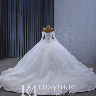 Luxury Off the Shoulder Long Sleeve Ball Gown Wedding Dress - Rosymae