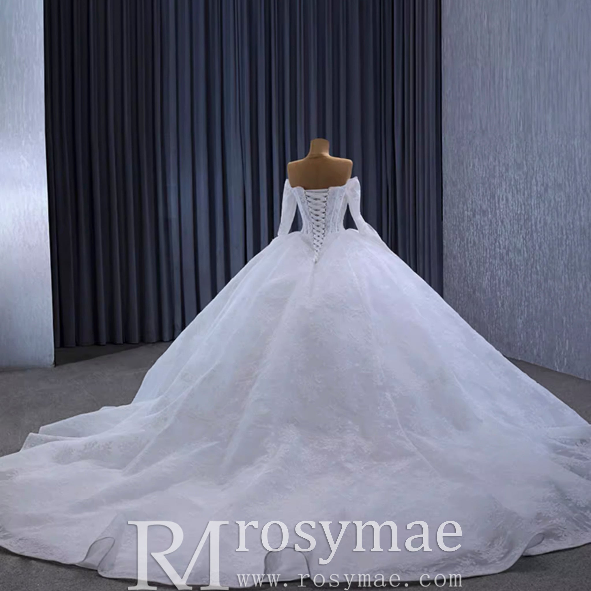 Luxury Off the Shoulder Long Sleeve Ball Gown Wedding Dress - Rosymae