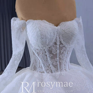 Luxury Off the Shoulder Long Sleeve Ball Gown Wedding Dress - Rosymae