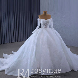 Luxury Off the Shoulder Long Sleeve Ball Gown Wedding Dress - Rosymae