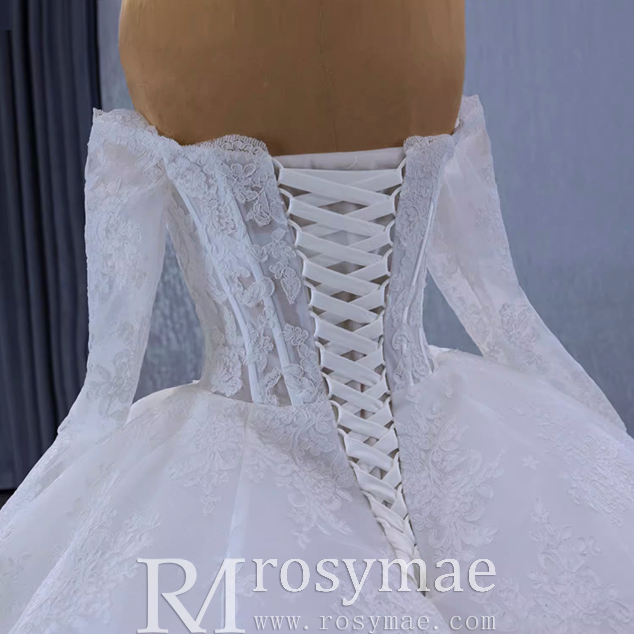 Luxury Off the Shoulder Long Sleeve Ball Gown Wedding Dress - Rosymae