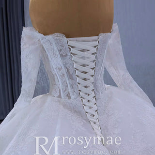 Luxury Off the Shoulder Long Sleeve Ball Gown Wedding Dress - Rosymae