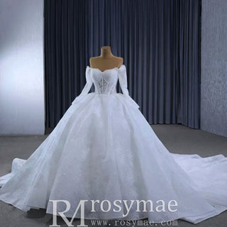 Luxury Off the Shoulder Long Sleeve Ball Gown Wedding Dress - Rosymae