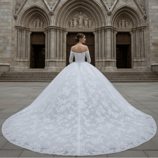 Luxury Off the Shoulder Long Sleeve Ball Gown Wedding Dress - Rosymae