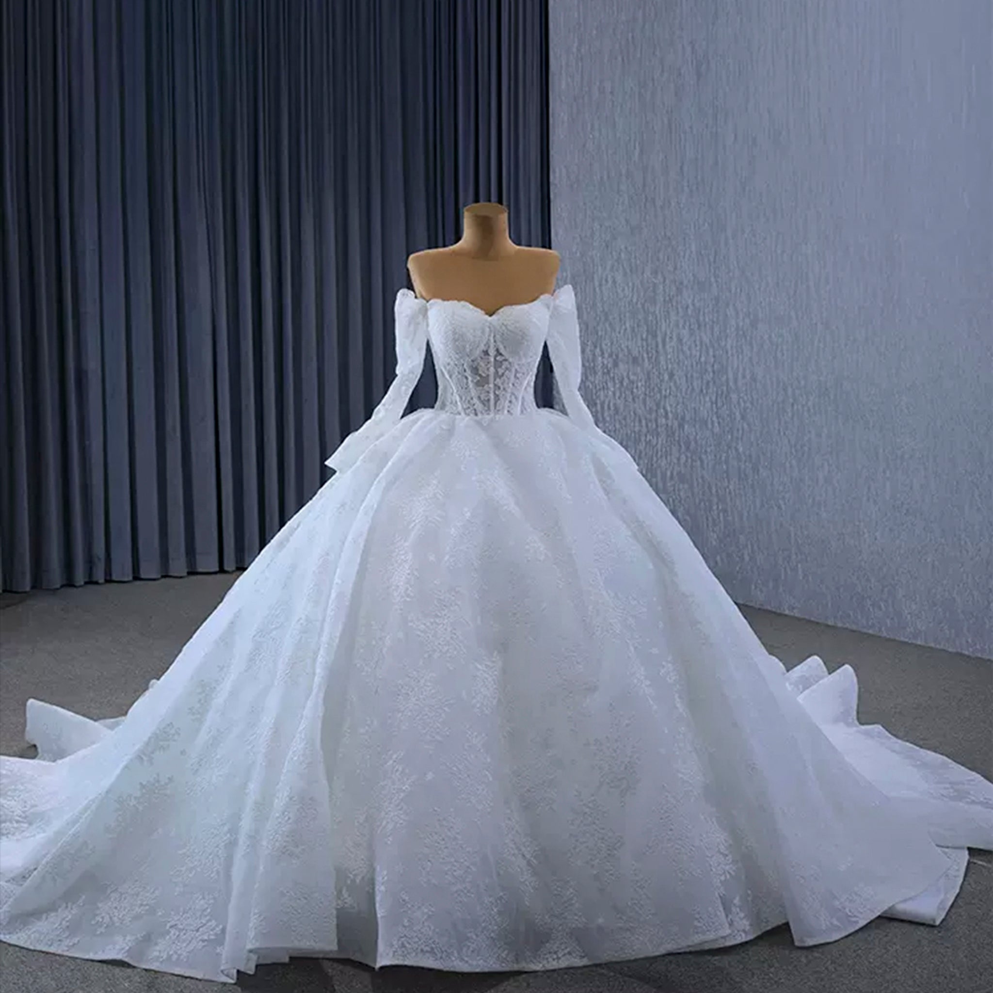 Luxury Off the Shoulder Long Sleeve Ball Gown Wedding Dress - Rosymae