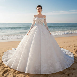 Luxury Off the Shoulder Long Sleeve Ball Gown Wedding Dress - Rosymae