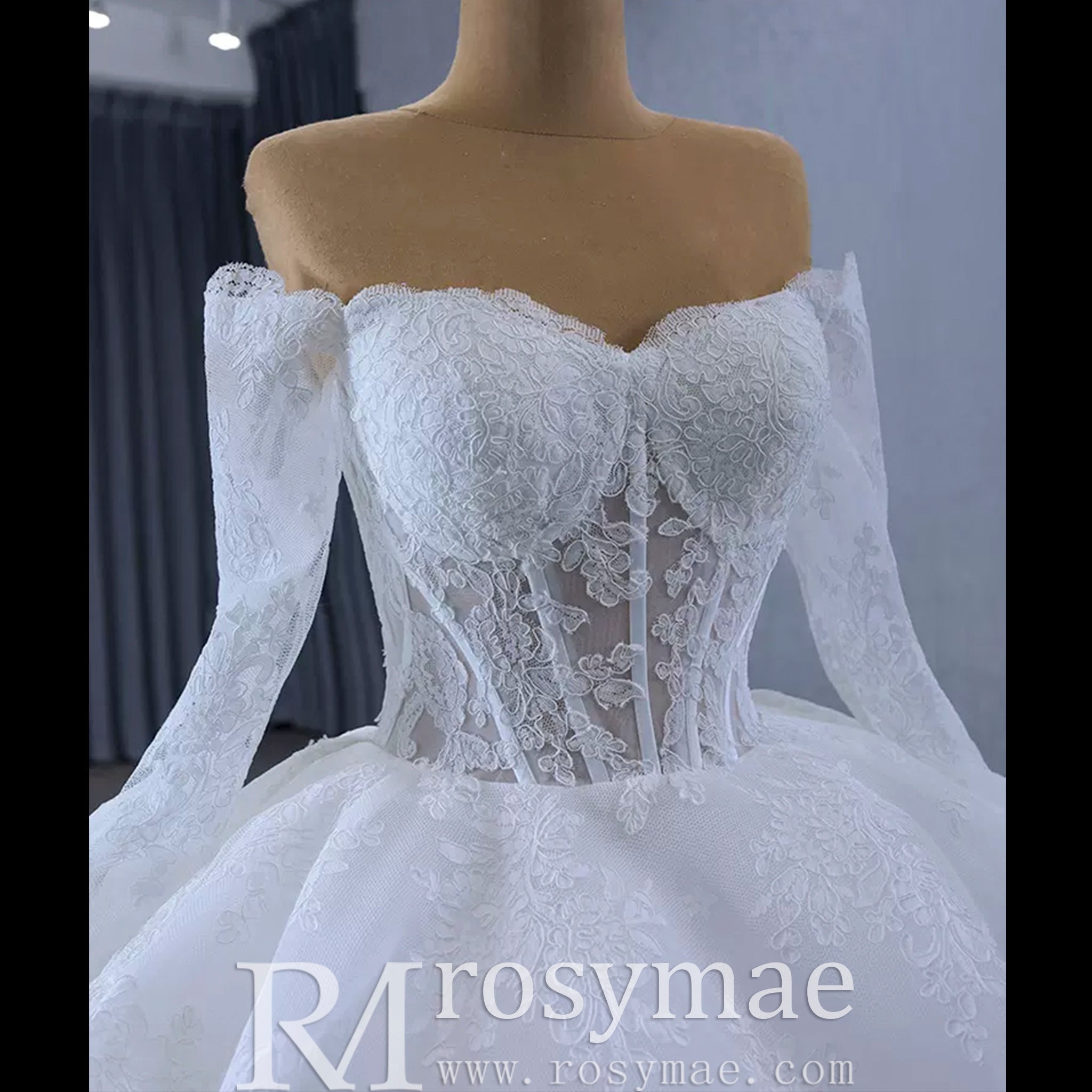 Luxury Off the Shoulder Long Sleeve Ball Gown Wedding Dress - Rosymae