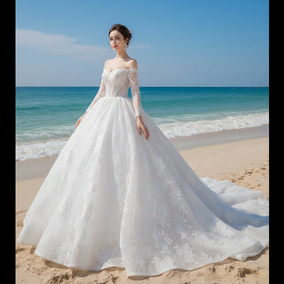 Luxury Off the Shoulder Long Sleeve Ball Gown Wedding Dress - Rosymae