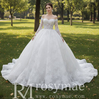 Luxury Off the Shoulder Long Sleeve Ball Gown Wedding Dress - Rosymae