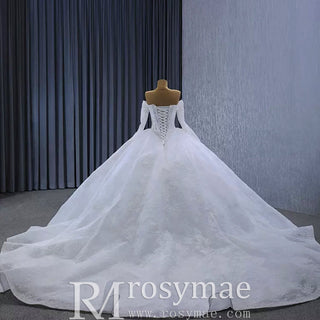 Luxury Off the Shoulder Long Sleeve Ball Gown Wedding Dress - Rosymae