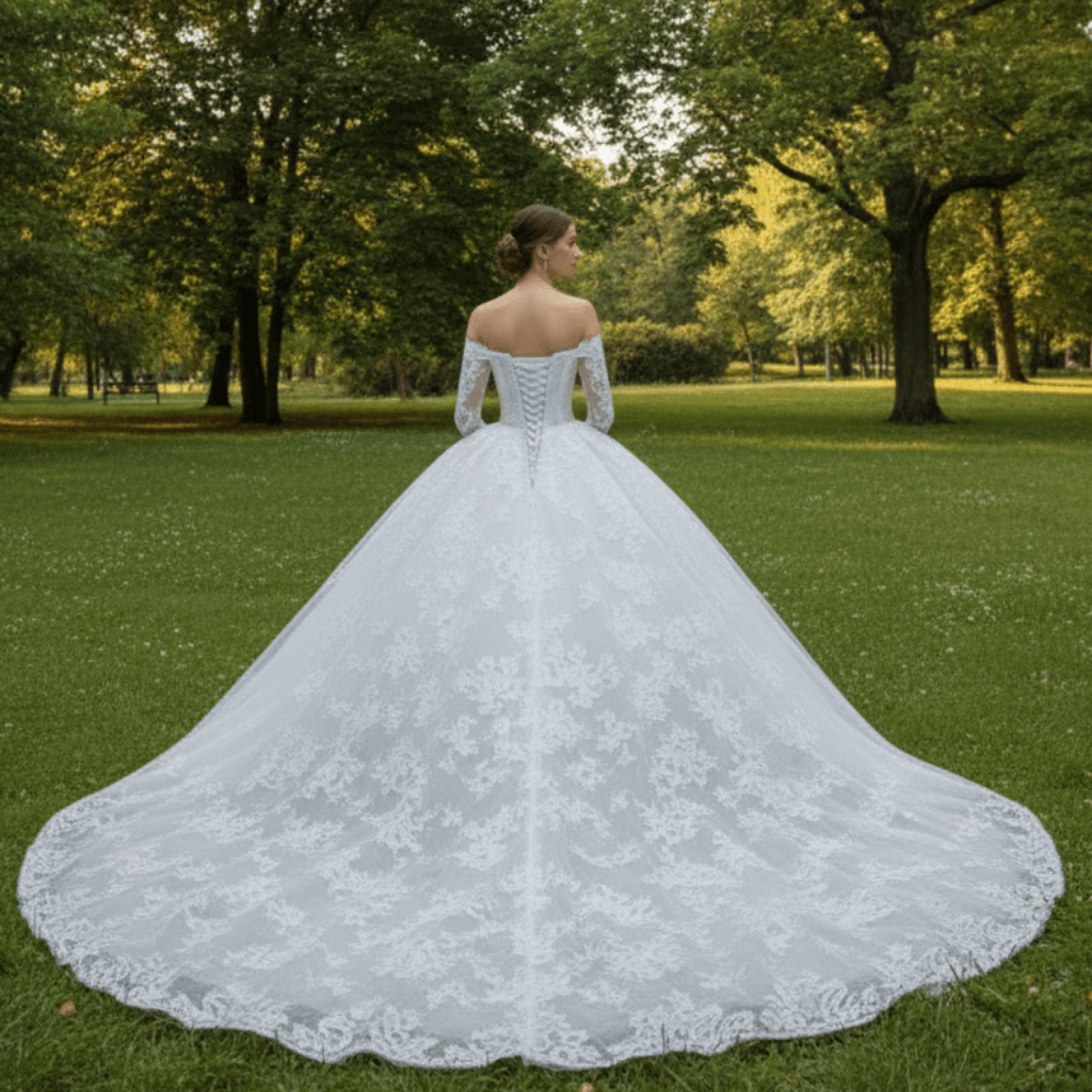 Luxury Off the Shoulder Long Sleeve Ball Gown Wedding Dress - Rosymae