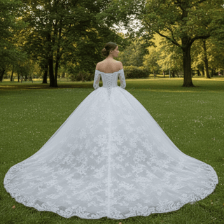 Luxury Off the Shoulder Long Sleeve Ball Gown Wedding Dress - Rosymae