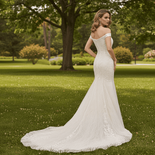 Luxury Off the Shoulder Mermaid Lace Wedding Dress with V-neck - Rosymae
