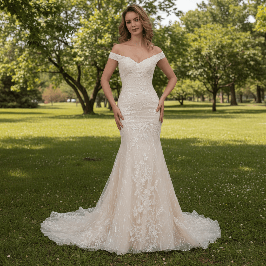 Luxury Off the Shoulder Mermaid Lace Wedding Dress with V-neck - Rosymae