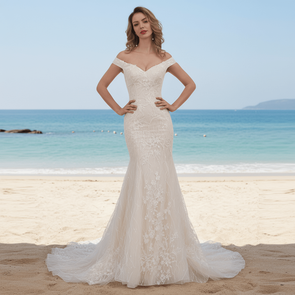 Luxury Off the Shoulder Mermaid Lace Wedding Dress with V-neck - Rosymae