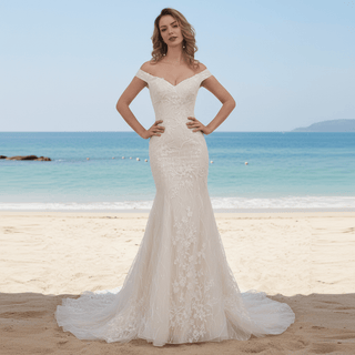 Luxury Off the Shoulder Mermaid Lace Wedding Dress with V-neck - Rosymae