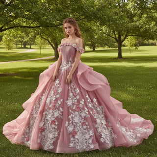Luxury Off the Shoulder Quinceanera Dress with Cascading Ruffle Skirt - Rosymae