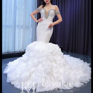 Luxury Off the Shoulder Trumpet Wedding Dress Ruffled Skirt Bridal Gown - Rosymae