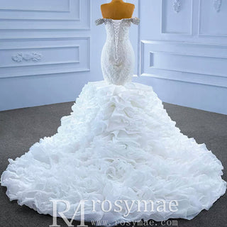 Luxury Off the Shoulder Trumpet Wedding Dress Ruffled Skirt Bridal Gown - Rosymae