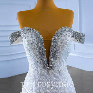 Luxury Off the Shoulder Trumpet Wedding Dress Ruffled Skirt Bridal Gown - Rosymae