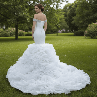 Luxury Off the Shoulder Trumpet Wedding Dress Ruffled Skirt Bridal Gown - Rosymae
