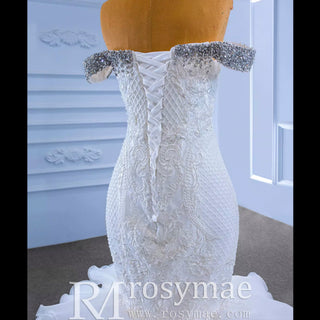 Luxury Off the Shoulder Trumpet Wedding Dress Ruffled Skirt Bridal Gown - Rosymae