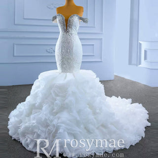 Luxury Off the Shoulder Trumpet Wedding Dress Ruffled Skirt Bridal Gown - Rosymae