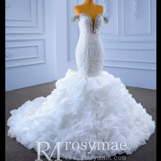 Luxury Off the Shoulder Trumpet Wedding Dress Ruffled Skirt Bridal Gown - Rosymae