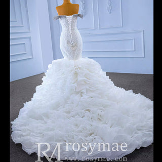Luxury Off the Shoulder Trumpet Wedding Dress Ruffled Skirt Bridal Gown - Rosymae