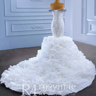 Luxury Off the Shoulder Trumpet Wedding Dress Ruffled Skirt Bridal Gown - Rosymae