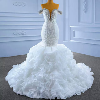 Luxury Off the Shoulder Trumpet Wedding Dress Ruffled Skirt Bridal Gown - Rosymae