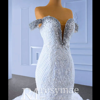Luxury Off the Shoulder Trumpet Wedding Dress Ruffled Skirt Bridal Gown - Rosymae