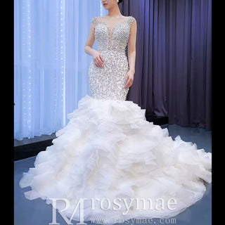 Luxury Pearl Mermaid Ruffle Wedding Dress with Cap Sleeve - Rosymae