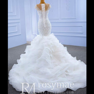 Luxury Pearl Mermaid Ruffle Wedding Dress with Cap Sleeve - Rosymae