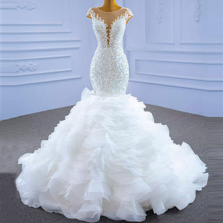 Luxury Pearl Mermaid Ruffle Wedding Dress with Cap Sleeve - Rosymae